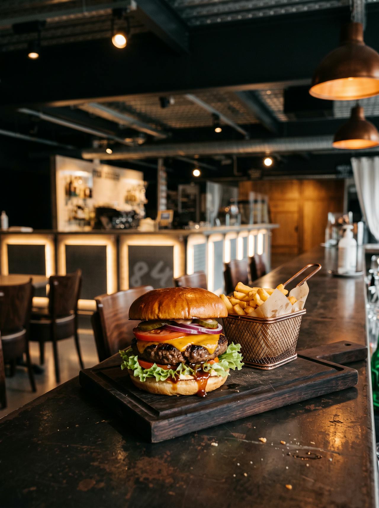 Burger mit Pommes uf dr Theke vom Road House